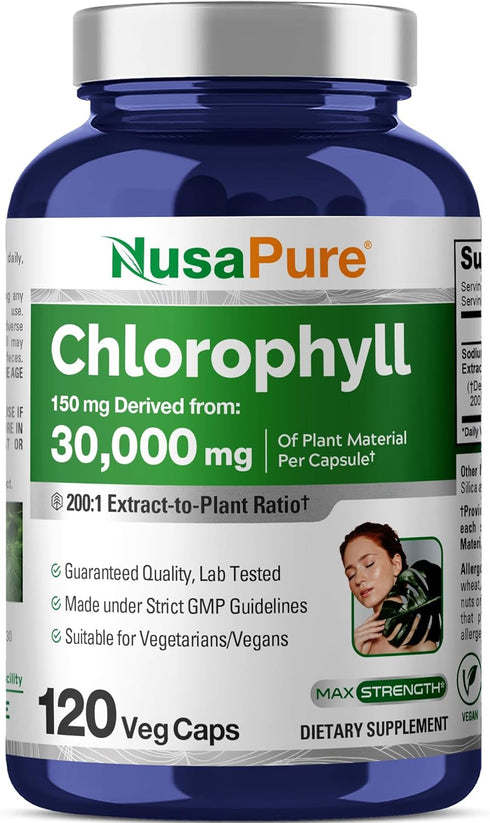NusaPure Chlorophyll 200:1 Extract - 150 mg Equivalent to 30,000 mg per Capsule, 120 Vegetarian Caps