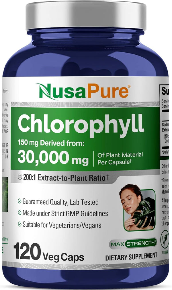NusaPure Chlorophyll 200:1 Extract - 150 mg Equivalent to 30,000 mg per Capsule, 120 Vegetarian Caps