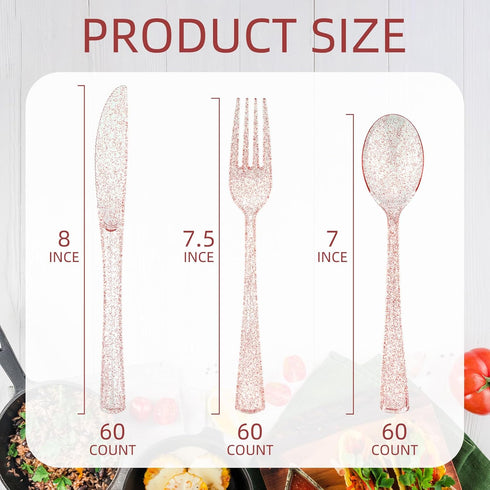 180PCS Rose Gold Plastic Silverware Set, Disposable Glitter Rose Gold Cutlery, Utensils Set Includes 60 Forks, 60 Spoons, 60 Knives, Party Utensils for Valentine's Day, Brithday, Wedding by DecorWoo