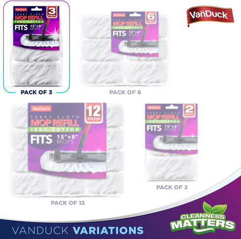 VanDuck 100% Cotton Terry Mop Pads, 15x8 Inches, 3-Pack - Terry Cloth Mop Covers (Handle Not Included)
