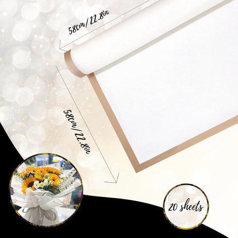 20 Sheet Gold Edge Flower Wrapping Paper, White Florist Bouquet DIY Craft Fresh Flower Bouquet Wrap Waterproof Floral Wrapping Gift Box Packaging Material Florist Supplies, 22.8*22.8 Inches