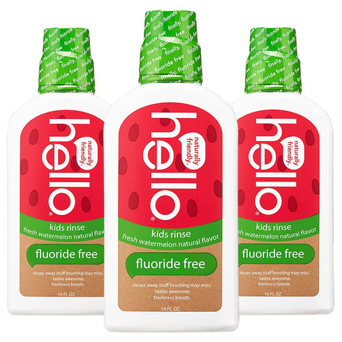 Hello Natural Watermelon Flavor Kids Mouthwash, Fluoride Free, Alcohol Free, Vegan, 16 Fl Oz (Pack of 3)