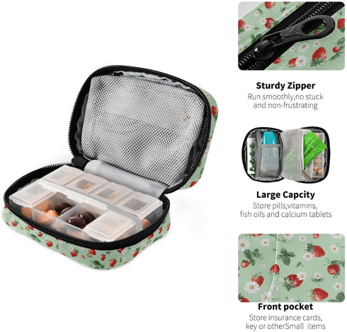 Plaaee 7 Strawberries Ladybugs Weekly Pill Organizer Case Day Portable Pill Box Bag Medicine Organizer Pill Container