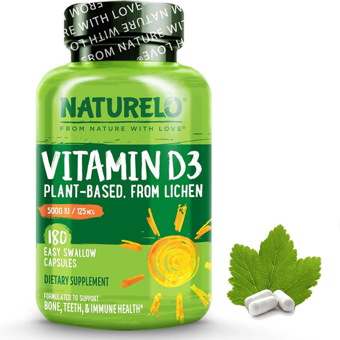NATURELO Vitamin D 5000 IU, Plant Based from Lichen, Natural D3 Supplement for Immune System, Bone & Joint Health, 180