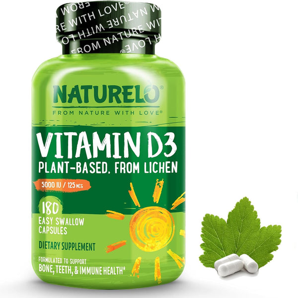 NATURELO Vitamin D 5000 IU, Plant Based from Lichen, Natural D3 Supplement for Immune System, Bone & Joint Health, 180