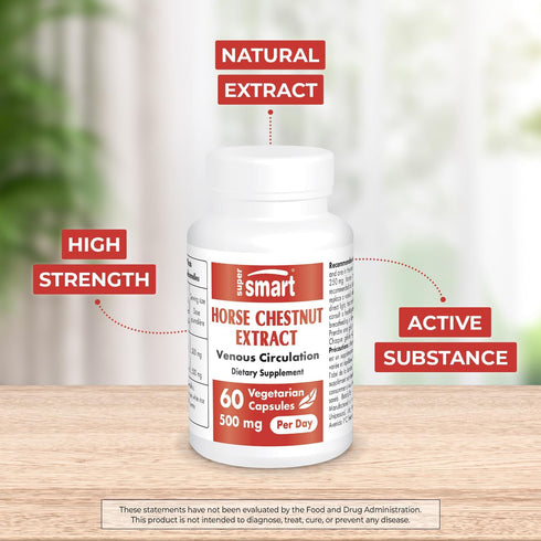 Supersmart - Horse Chestnut Extract 500mg per Day (High Strength) - 20% Aescin Supplement | Non-GMO & Gluten Free - 60 Vegetarian Capsules