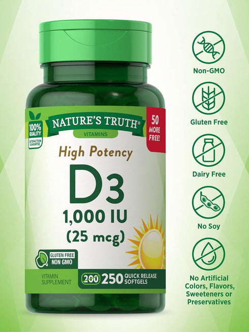 Nature's Truth D3 1000 IU, 250 Softgels | High Potency Essential Vitamin D | Non-GMO & Gluten Free Supplement