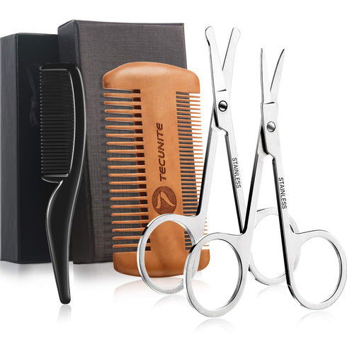 TecUnite Mustache Scissors Grooming Kit for Men, Beard Trimmer Set with 2 Combs and 2 Scissors
