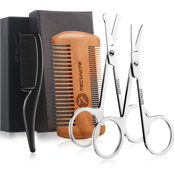 TecUnite Mustache Scissors Grooming Kit for Men, Beard Trimmer Set with 2 Combs and 2 Scissors