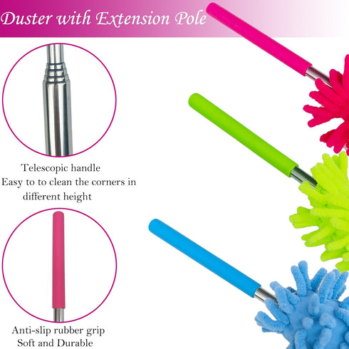 M-Jump 3 Pack Retractable Long-Reach Washable Duster - Microfiber Hand Duster Brush with Telescoping Pole