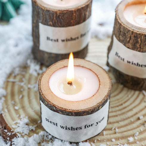 T-shin Country Log Aroma Candle with Holder,Wooden Rustic Style Natural Hand-Carved Soy Wax Decorative Candle for Table