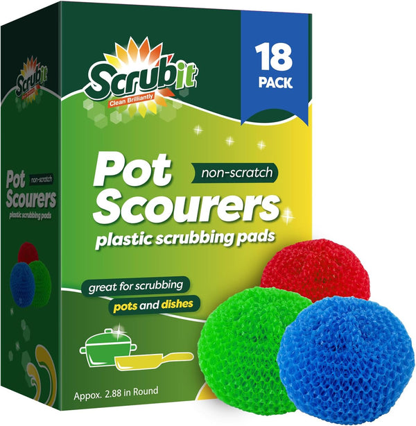 SCRUBIT 18 Round Nylon Dish Scrubber Scouring Pads, 3 Packs of 6 Assorted Colors, Non-Scratch