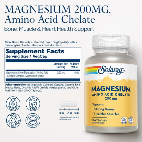 Solaray Magnesium Amino Acid Chelate 200 mg, Vegan Chelated Magnesium Supplement for Bone, Heart, Muscle Support, 100