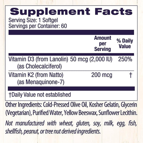 Healthy Origins Vitamin D3 & K2 Supplements, 50 mcg D3, 200 mcg K2, Non-GMO & Gluten-Free, 60 Softgels