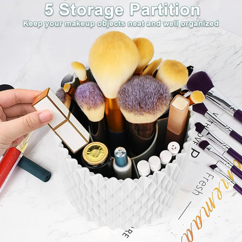 WAFJAMF Makeup Brush Holder, 360 Rotating Storage Cup for Vanity, Bathroom Countertop, 5 Slot Container - Pearl White