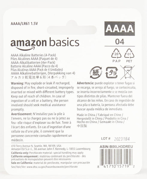 Amazon Basics 4-Pack AAAA Alkaline Batteries, High-Performance, 1.5 Volt, 3-Year Shelf Life