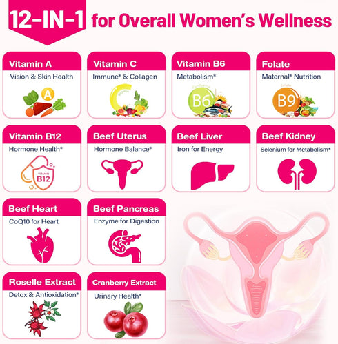 Nassiouy 12-In-1 5 2 Immune 100% 120 Beef Organ Supplement for Women - Beef Liver, Uterus, Kidney, Heart, Pancreas