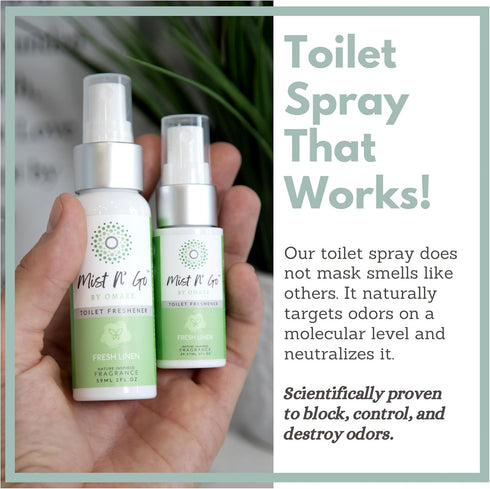 Omaze Mist N’ Go Travel Bathroom Spray - Toilet Odor Eliminator & Air Freshener - Fresh Linen Daily Pack (2oz x1 + 1oz