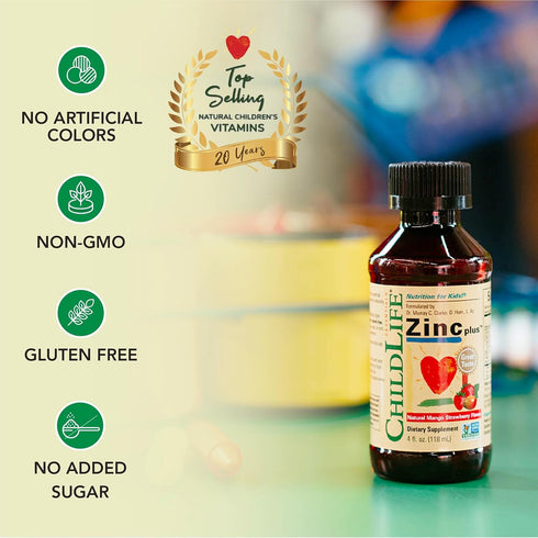 CHILDLIFE ESSENTIALS Liquid Zinc Plus for Kids - Immune Support Supplement Drops, Mango Strawberry, 4 Fl Oz