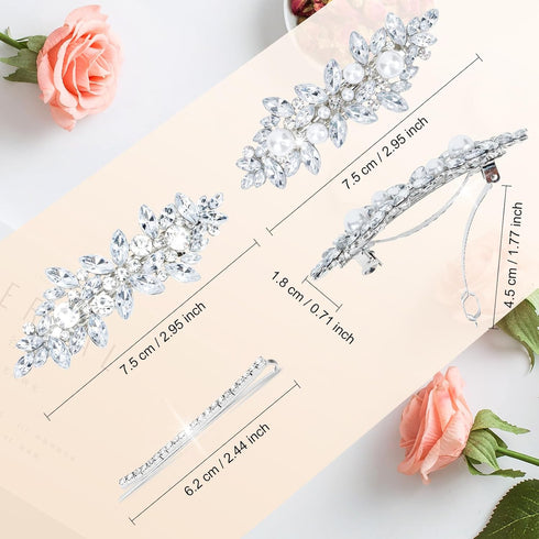 WHAVEL 4PCS Rhinestone Hair Barrettes for Women, Silver Sparkly Hair Clips, Fancy Formal Hair Accessories for Weddings