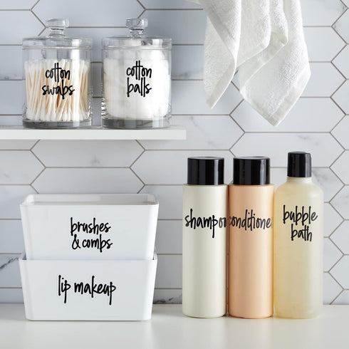 Talented Kitchen Bathroom Labels - Transparent Vinyl & Black Script Stickers for Containers, Bins, Bath, Beauty, Makeup