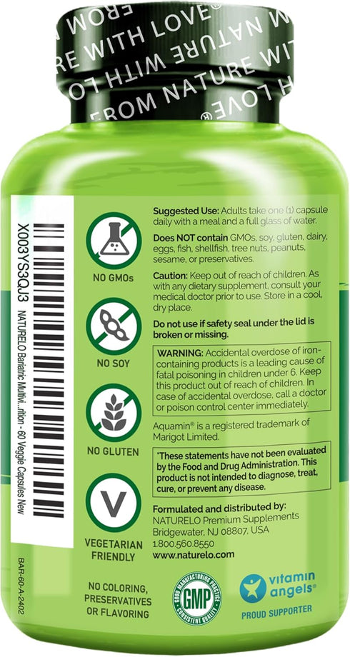 NATURELO Bariatric Multivitamin - One Daily with Iron, 60 Veggie Capsules for Post Gastric Bypass Surgery Patients