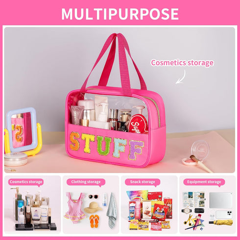 Chenille Letter Patch Clear Makeup Bag, Preppy Nylon with Handle and Zipper, Waterproof Travel Toiletry Bag
