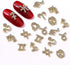 JERCLITY 24 Pieces Gold Alloy Zodiac Nail Charms, 12pcs Zodiac Signs Nail Studs, 12pcs Constellation Words Nail Charms