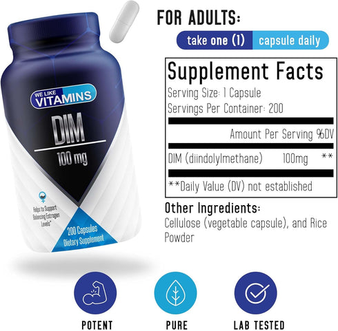 We Like Vitamins DIM 100mg 200 Capsules - 200 Day Supply - Diindolylmethane DIM Supplement for Support with Healthy Estrogen and Hormone Levels