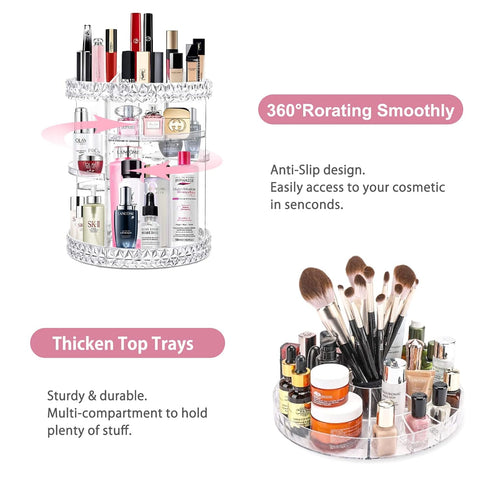 V-HANVER 360 Rotating Makeup Organizer, Large Capacity Acrylic Beauty Organizer with 8 Adjustable Layers for Vanity