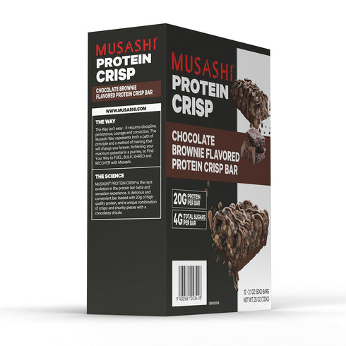 MUSASHI Protein Crisp Bar, 20g Protein, Chocolate Brownie, Post Workout Snack, 12 Pack of 2.1oz Bars