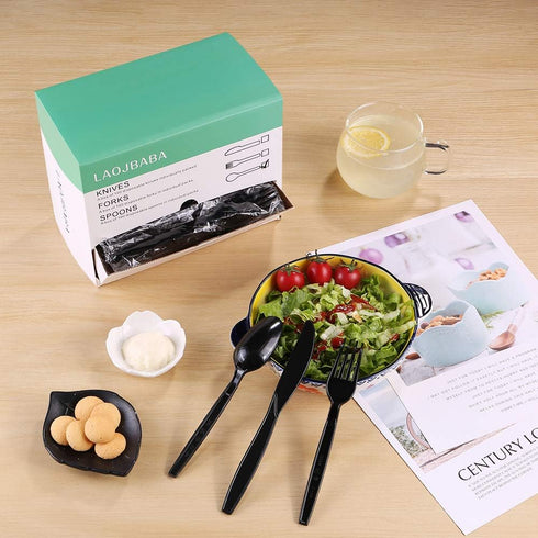 Plastic Disposable Spoons, Individually Packaged, 7-Inch Black Commercial Take Away, 100 PCS