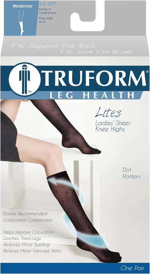 Truform Sheer Compression Stockings, 15-20 mmHg, Women's Knee High Length, Dot Pattern, Black, Small