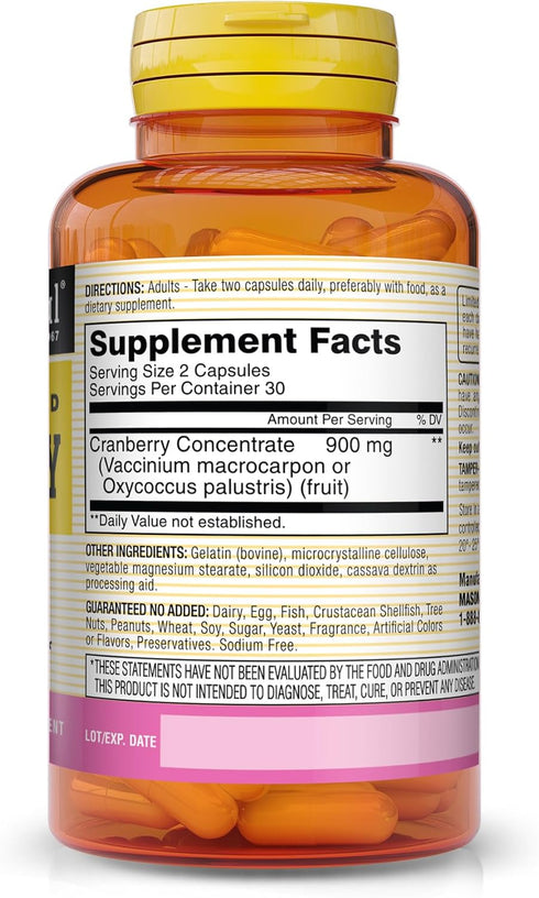 MASON NATURAL Cranberry Highly Concentrated Supports Antioxidant and Immune Health, Maintains a Healthy Urinary Tract Capsules, Pink, Supplement 450 mg, 60 Count, Pack of 3