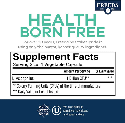 FREEDA Acidophilus Probiotic 1 Billion CFU, Lactobacillus Probiotics for Women & Men, Gut Health Supplements (250