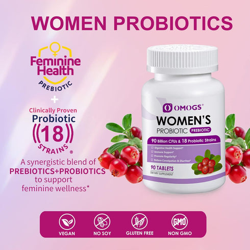 Women's Probiotic with Cranberry Extract, Organic Prebiotics & Vitamin C, 90 Billion CFUs, 90 Tablets