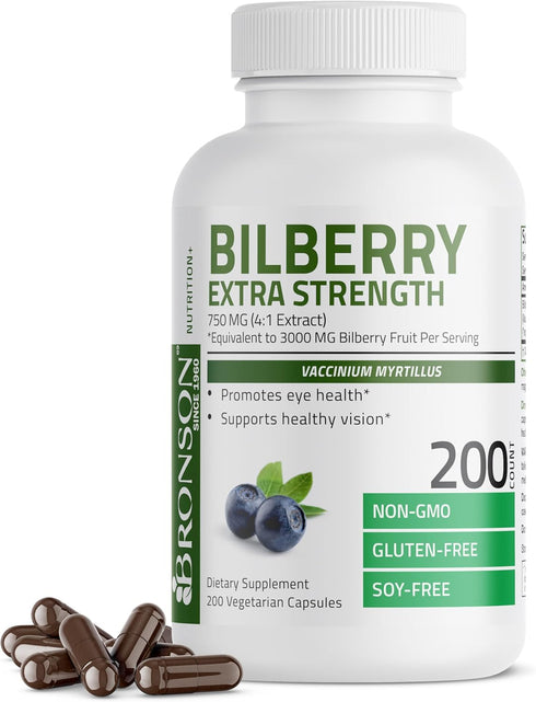 Bronson Bilberry Extra Strength Vaccinium Myrtillus, Promotes Eye Health, Non-GMO, 200 Vegetarian Capsules