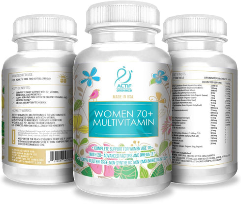ACTIF Organic Multivitamin for Women Age 70+, 90 Count, Non-GMO, Made in USA, 20+ Advanced Factors