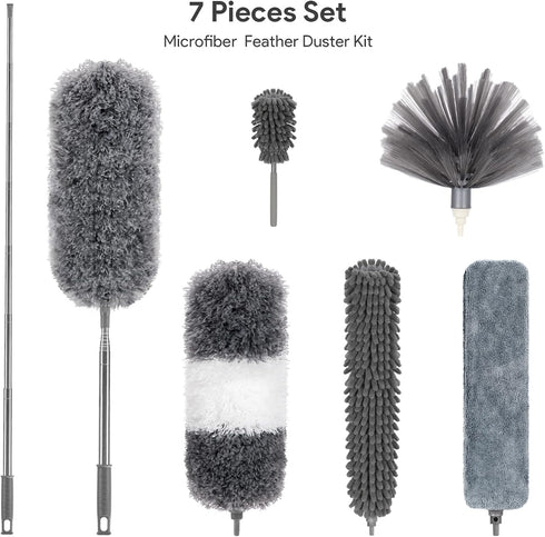 DELUX 7 PCS Microfiber Feather Duster, Reusable Washable Cobweb Duster with 100 inches Extra Long Extension Pole