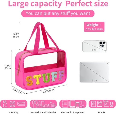 Chenille Letter Patch Clear Makeup Bag, Preppy Nylon Makeup Bag with Handle and Zipper, Waterproof Large Clear Travel Toiletry Bag Storage Bag for Women (Vibrant Rosered-STUFF)