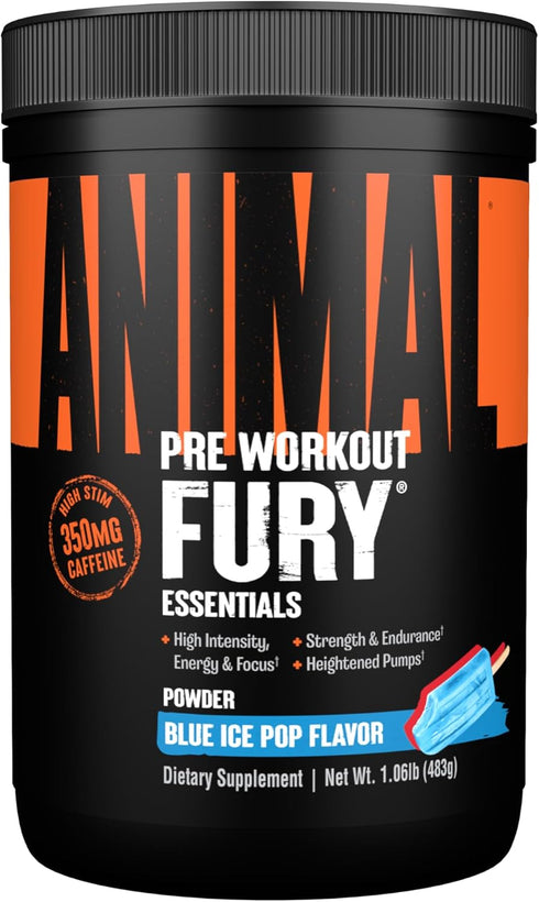 Animal Fury Pre Workout Powder Supplement, 30 Count, Energy and Focus, 5g BCAA, 350mg Caffeine, Ice Pop