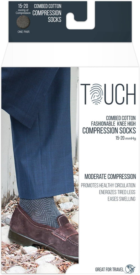TOUCH Compression 15-20 mmHg, 1 Socks for Men, Herringbone, Cotton, Pair, Charcoal, X-Large
