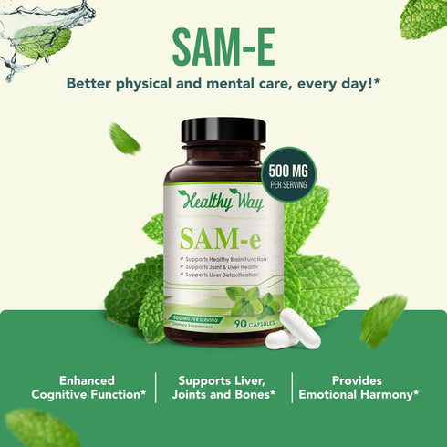 Healthy Way 500mg SAM-e Supplement - High Strength S-Adenosyl-L-Methionine Capsules for Joint, Brain, Liver, Mood