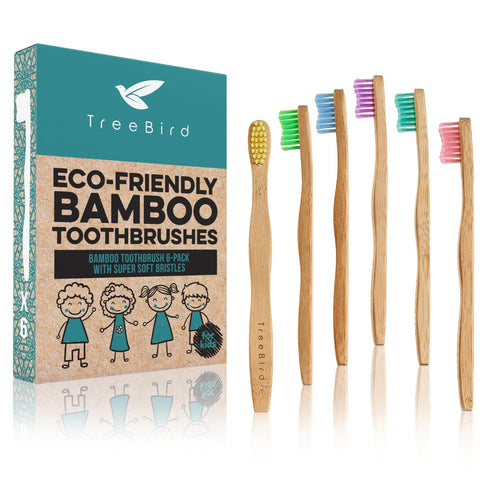 TreeBird Kids Bamboo Toothbrush 6-Pack | Eco-Friendly Dental Care with Super Soft Bristles and Compostable Handles