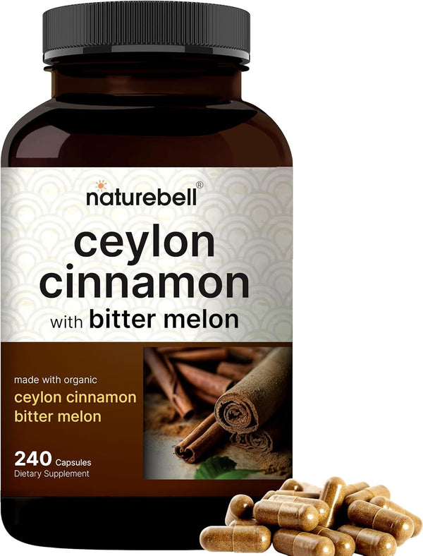 NatureBell Ceylon Cinnamon Per Serving - 240 Capsules with Organic Sri Lanka Ceylon Cinnamon and Organic Bitter Melon,
