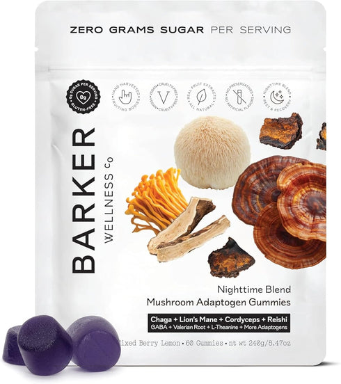 Barker Wellness Nighttime Vegan Sugar-Free Adaptogen Mushroom Gummies Reishi, Lion's Mane, Chaga,