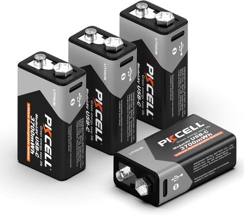 PKCELL Rechargeable 9V Batteries 4-Pack, 3700mWh 9 Volt Lithium Battery USB-C Recharge, 9V