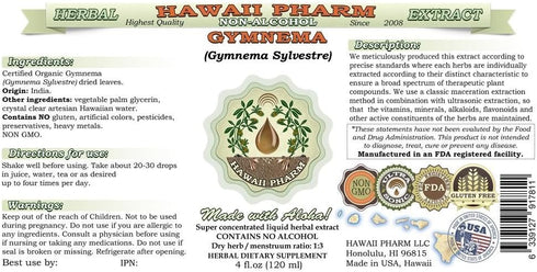 Hawaii Pharm Gymnema Alcohol-FREE Liquid Extract, Organic Gymnema (Gymnema Sylvestre) Dried Leaf Glycerite Natural Herbal Supplement 2 oz