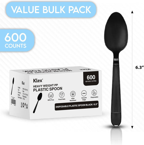 Klex 600 Count Heavy Weight Disposable Plastic Spoons, BPA Free, Heat Resistant, 6.3", Black