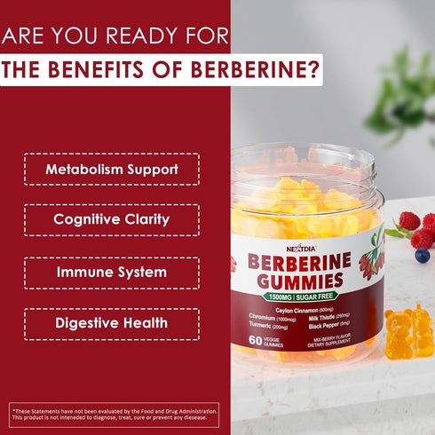 Berberine Supplement 1500mg - Sugar Free Gummies with Ceylon Cinnamon, Turmeric, Milk Thistle, 2 Pack